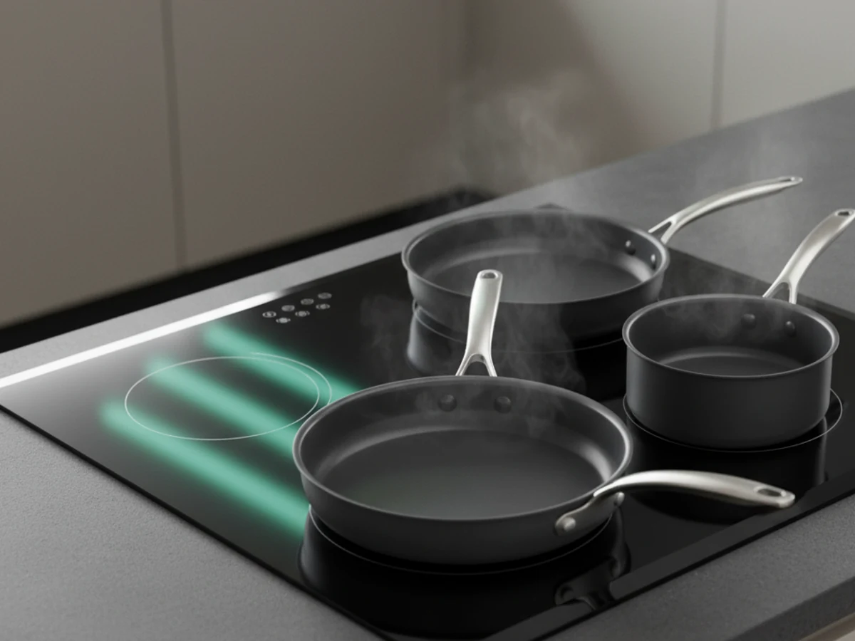 Titanium skillets and saucepans arranged on a light kitchen counter
