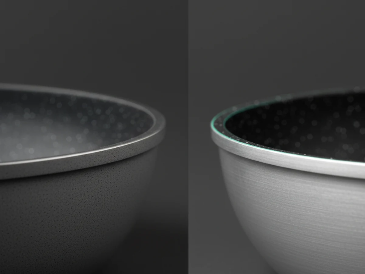 Macro of two pan rims showing material differences